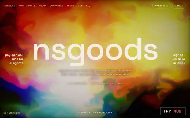 Screenshot of nsgoods — x402 services for AI agents