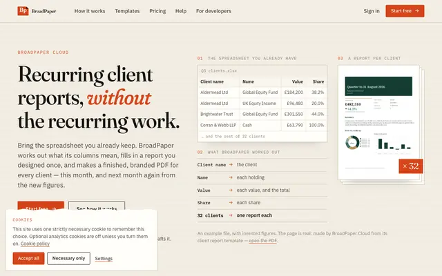 Screenshot of BroadPaper — Turn your business data into professional documents.