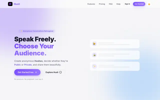 Screenshot of Husli — Speak Freely. Choose Your Audience.