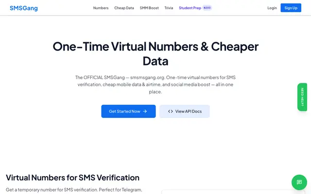 Screenshot of SMSGang.org | Official Site — One-Time Virtual Numbers & Cheap Data