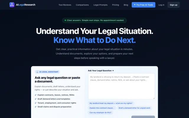 Screenshot of Free AI Legal Tools for Non-Lawyers | AI Legal Research