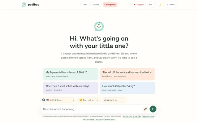 Screenshot of PediBot — paediatric guidance with sources
