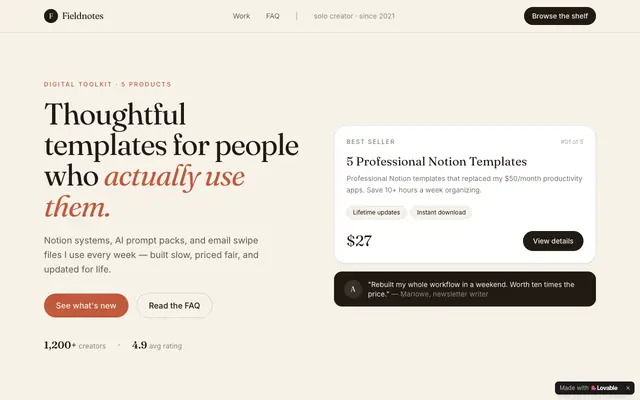 Screenshot of Fieldnotes — Notion templates, AI prompts & email swipes