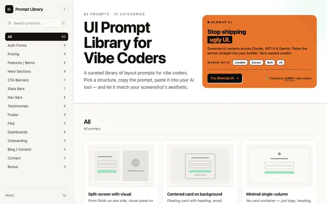 Screenshot of VibeUI — 92 Free UI Prompts for Vibe Coders (Auth, Pricing, Hero, Bento)