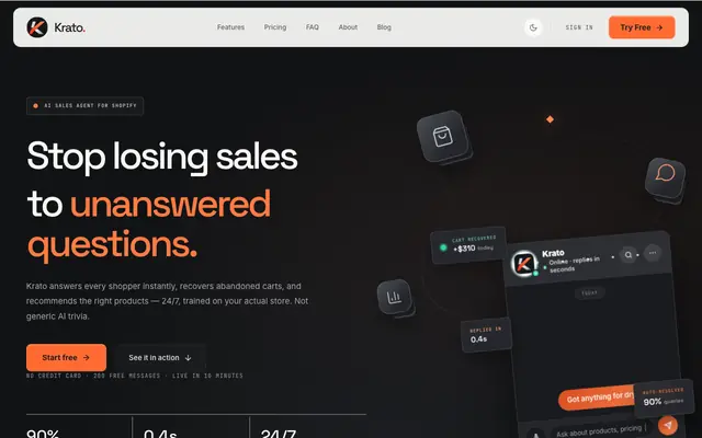Screenshot of Krato Bot — AI Sales Agent for Shopify | MahanX