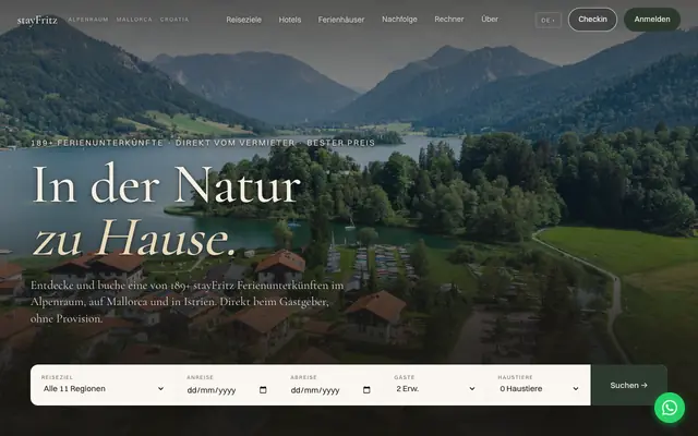 Screenshot of stayFritz · In der Natur zu Hause · Ferienunterkünfte Alpenraum, Mallorca & Istr