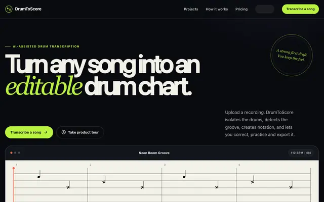 Screenshot of DrumToScore — Turn songs into editable drum charts