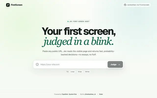 Screenshot of FirstScreen — Let Jev judge the first screen