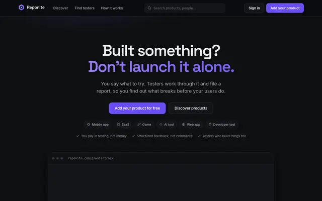 Screenshot of Reponite — Get your product tested by real people