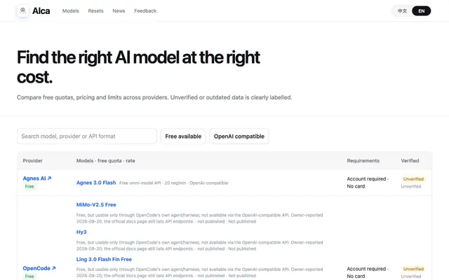 Screenshot of Alca — AI Model Pricing & Free Quotas