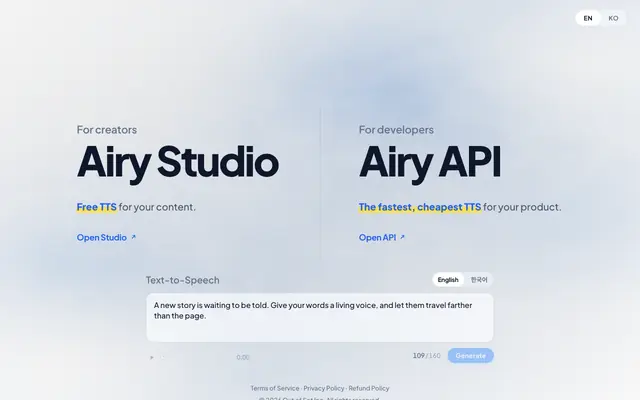Screenshot of Airy — Free TTS Studio & Text-to-Speech API