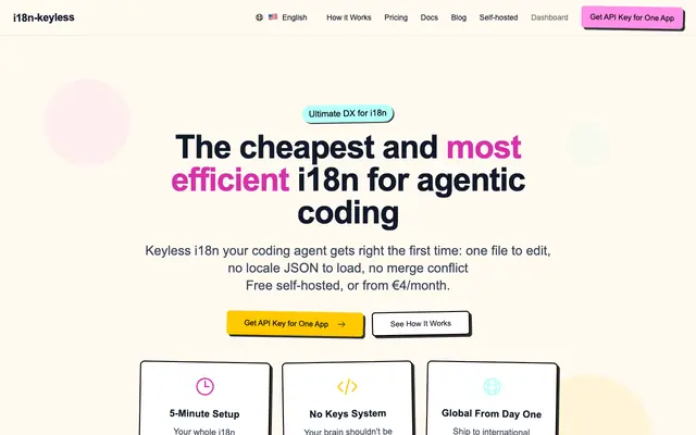 Screenshot of The cheapest and most efficient i18n for agentic coding | i18n-keyless