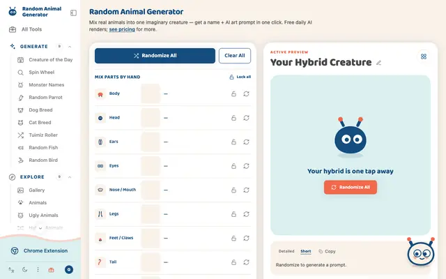 Screenshot of Random Animal Generator — Build a Hybrid + AI Art