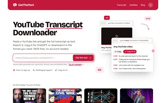 Screenshot of YouTube Transcript Downloader – Get the Text of Any YouTube Video | GetTheText