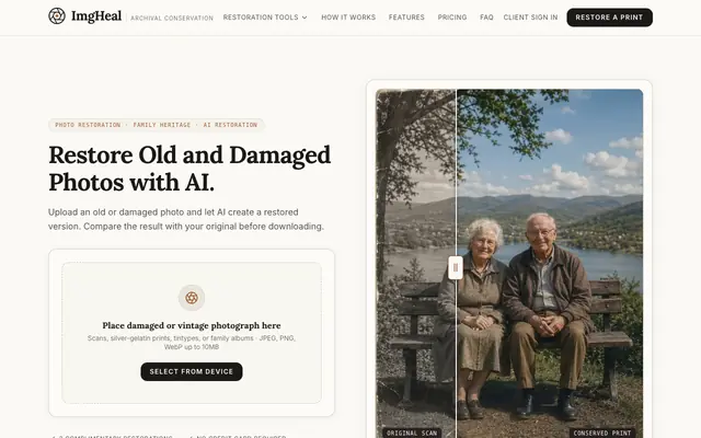 Screenshot of Free AI Photo Restoration & Archival Old Photo Repair Online — ImgHeal