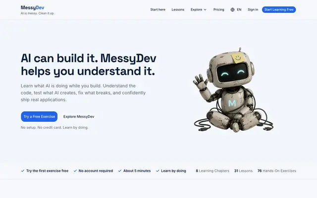 Screenshot of MessyDev — Learn what AI is doing while you build with it