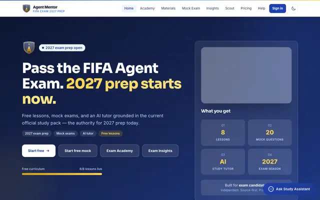 Screenshot of FIFA Agent Exam 2027 — Free Course, Mock Exams & AI Study Assistant | FIFA Agent