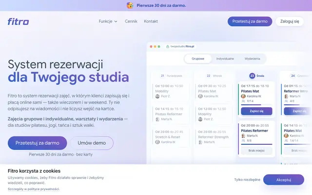 Screenshot of System zapisów i rezerwacji na zajęcia grupowe | Fitro | Fitro