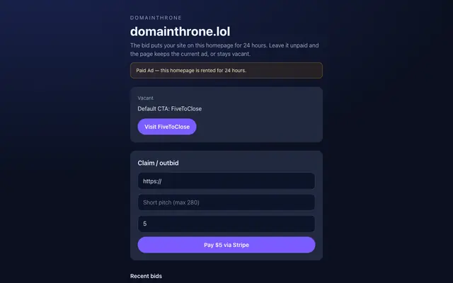 Screenshot of domainthrone.lol | Bid to Rent Homepage 24h