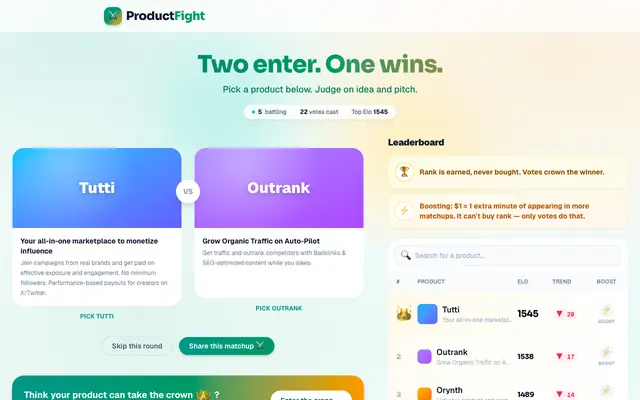 Screenshot of ProductFight — Vote products into the top spot