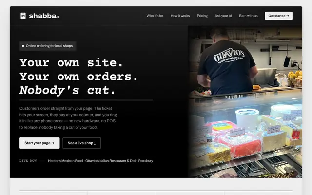 Screenshot of Shabba — your own online ordering page, no commission