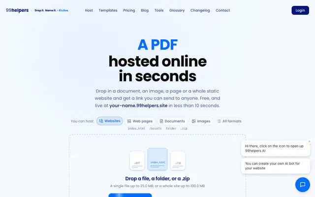 Screenshot of Free File Hosting — Put Any File Online in Seconds | 99helpers.com