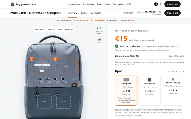 Screenshot of bag.gazouzi.com — rent a sticker spot on my bag