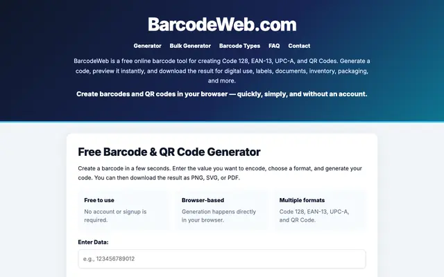 Screenshot of Free Barcode & QR Code Generator | BarcodeWeb.com