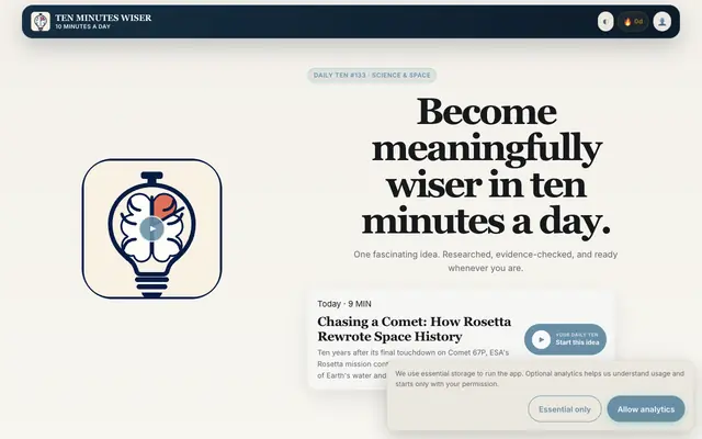 Screenshot of Ten Minutes Wiser — Become meaningfully wiser in ten minutes a day