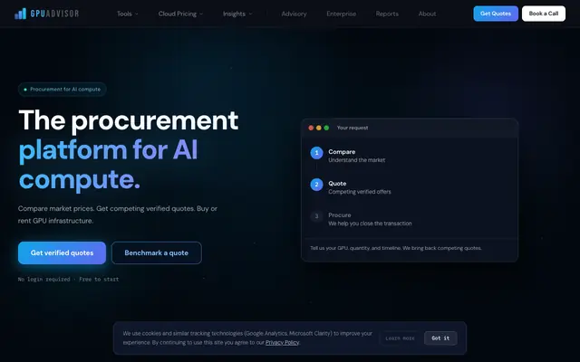Screenshot of GPU Cloud Pricing Intelligence — Live H100, B200, MI300X Rates | GPUAdvisor