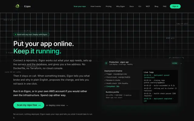 Screenshot of Eigon · Put your app online, and keep it running