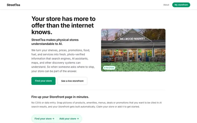 Screenshot of StreetTea — Photo-Verified Store Profiles for AI