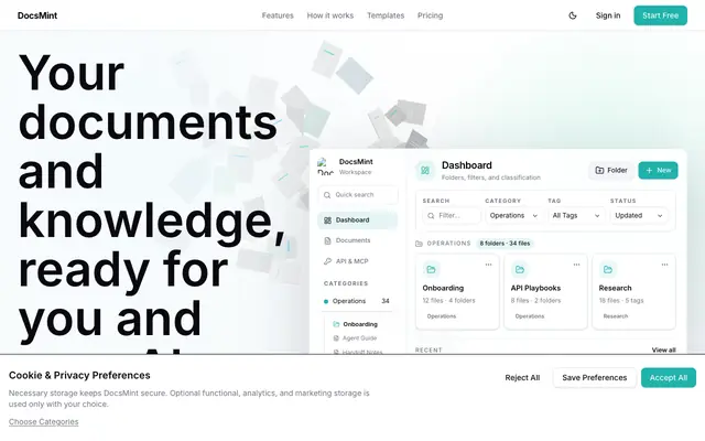 Screenshot of DocsMint | Documents and knowledge for you and your AI