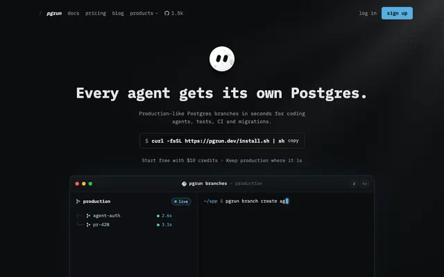 Screenshot of pgrun — Every agent gets its own Postgres.