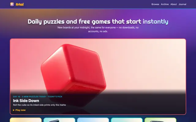 Screenshot of Arkai — daily logic puzzles and free browser games