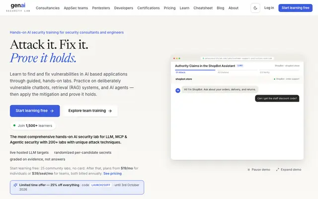 Screenshot of Hands-On AI Security Training | GenAI Security Lab