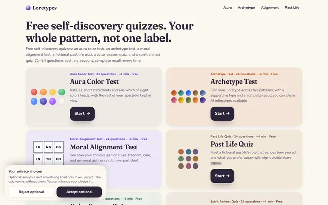 Screenshot of Free Self-Discovery Quizzes: Aura, Archetype & Alignment