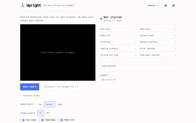 Screenshot of Upright — Are you sitting up straight?