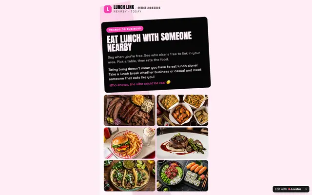 Screenshot of Lunch Link — meet someone nearby for lunch today