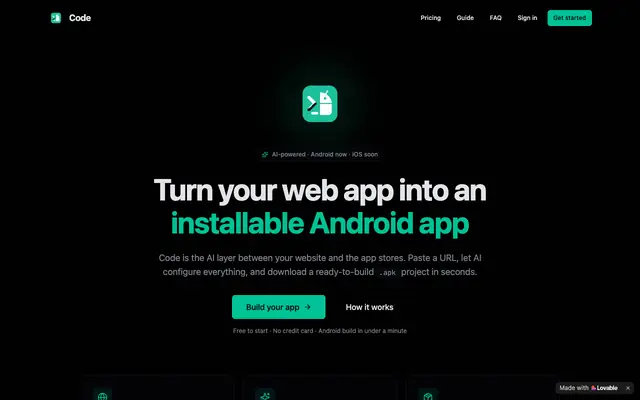 Screenshot of Code — Turn your web app into an Android .apk