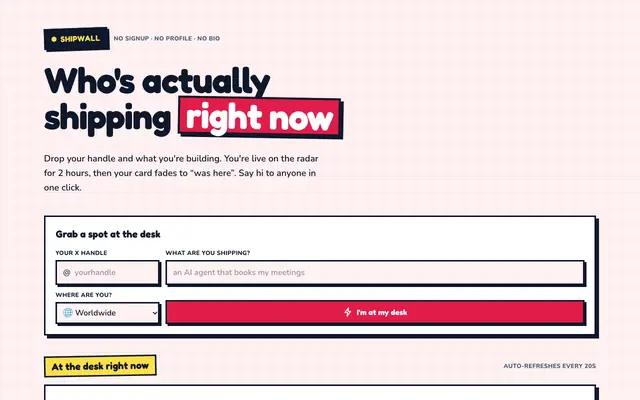 Screenshot of ShipWall — who's shipping right now