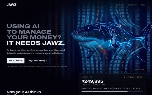 Screenshot of Jawz — Open investment loops for AI agents