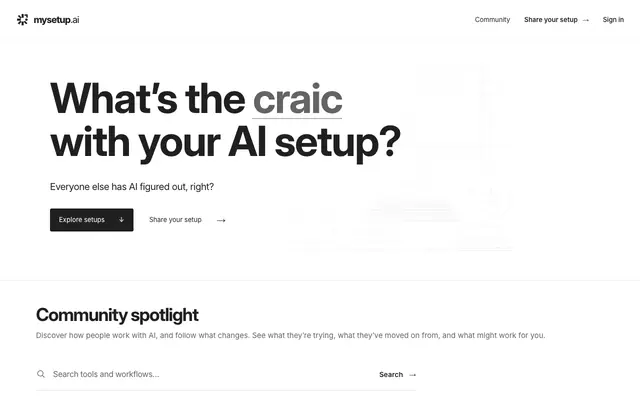 Screenshot of mysetup.ai · What’s the craic with your AI setup?