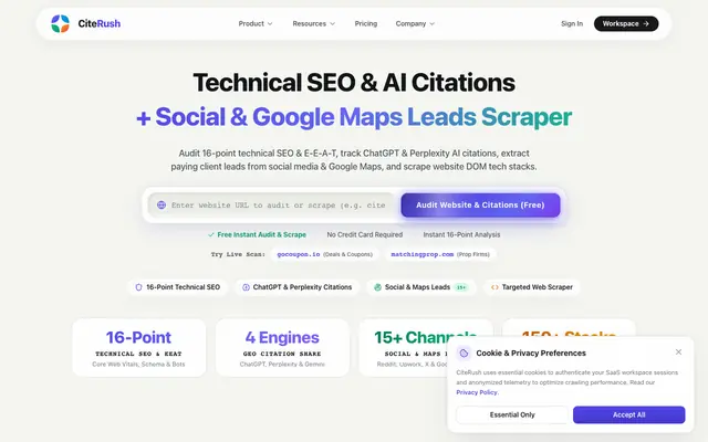 Screenshot of CiteRush AI — AEO, GEO & 16-Point Technical SEO Suite
