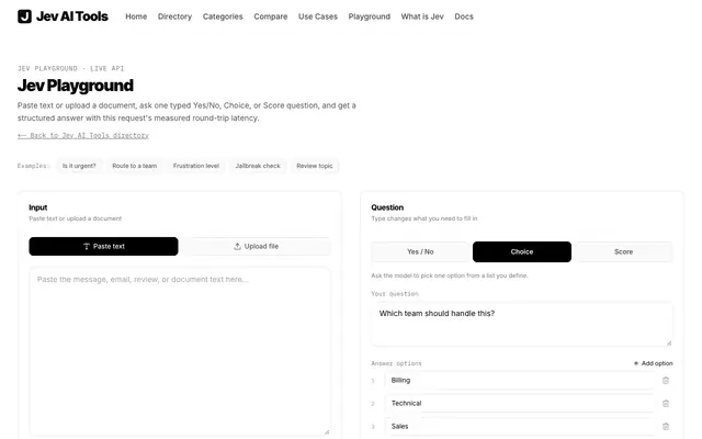 Screenshot of Playground — Ask Jev a Structured Question | Jev AI Tools