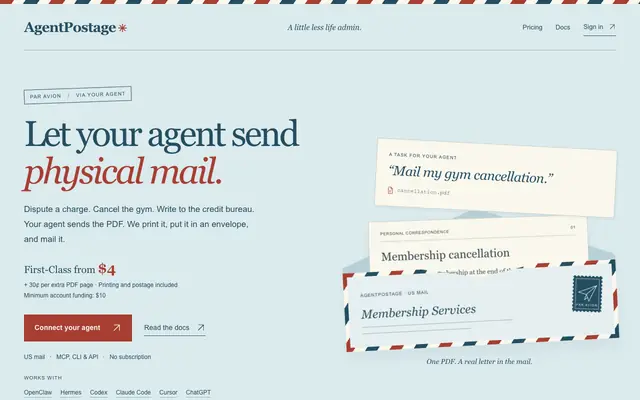 Screenshot of Let your agent send physical mail. — AgentPostage