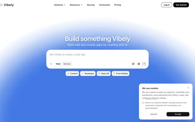 Screenshot of Vibely — AI App Builder for Full-Stack Web & Mobile Apps