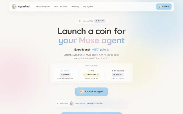 Screenshot of AgentPad — Launch a coin for your Muse agent
