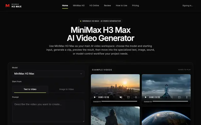 Screenshot of MiniMax H3 Max AI Video Generator | Create AI Videos