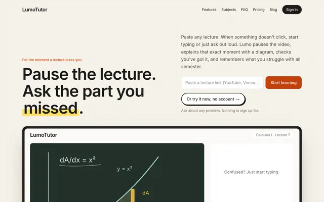 Screenshot of LumoTutor · AI tutor for your lectures and homework